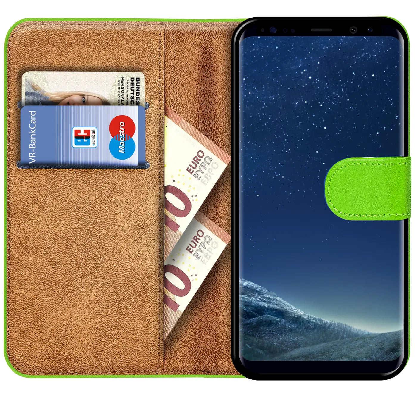 Grüne Klapphülle aus Kunstleder mit Kartenfächern, zeigt Samsung Galaxy S8.