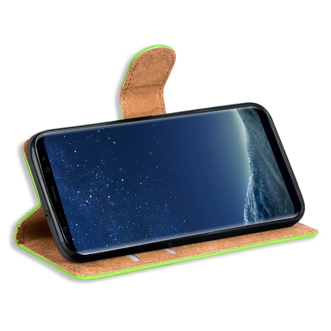 Grüne Kunstleder-Klapphülle mit braunem Innenfutter für Samsung Galaxy S8, Seitenansicht.