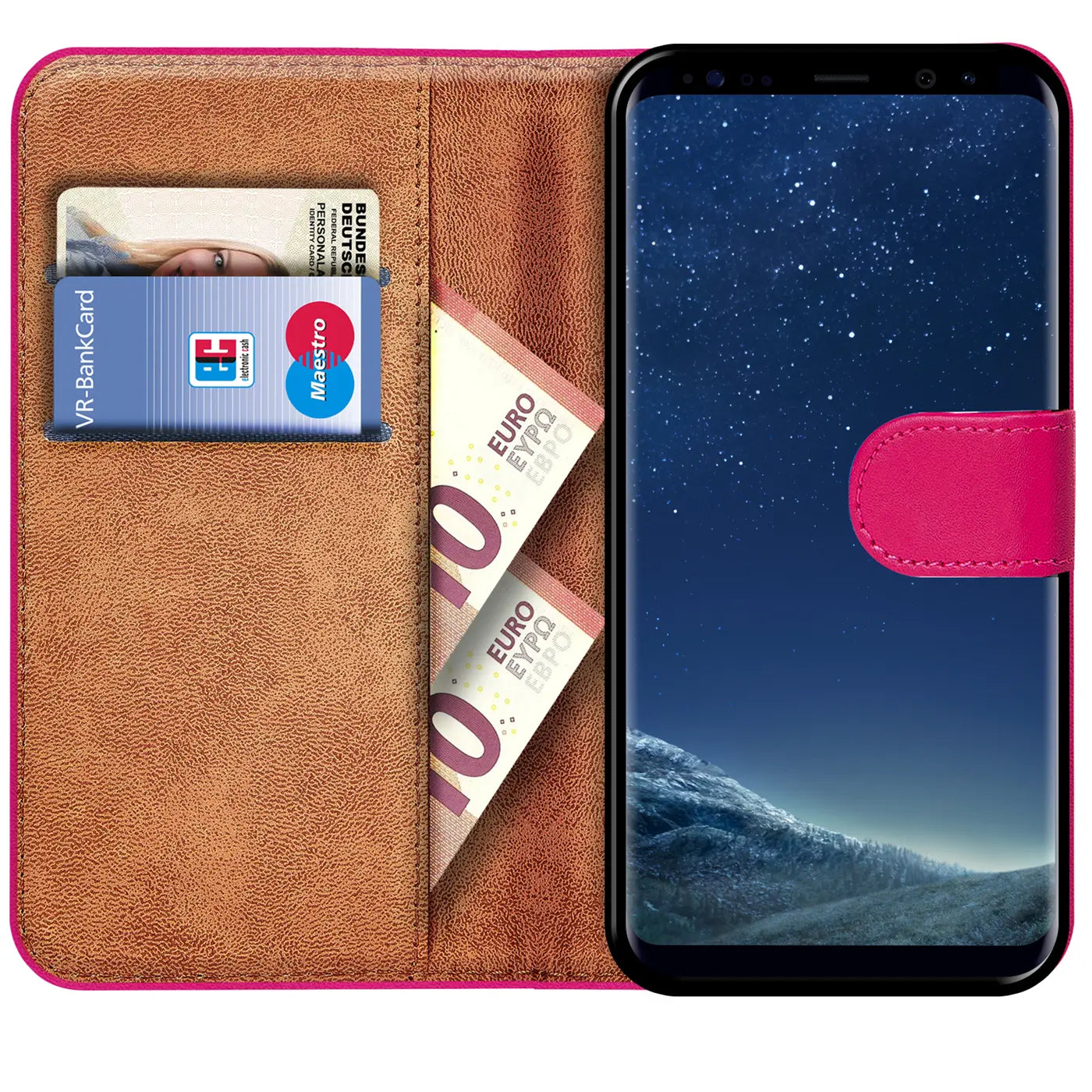 Pink Kunstleder Klapphülle mit Kartenfächern, zeigt Samsung Galaxy S8.