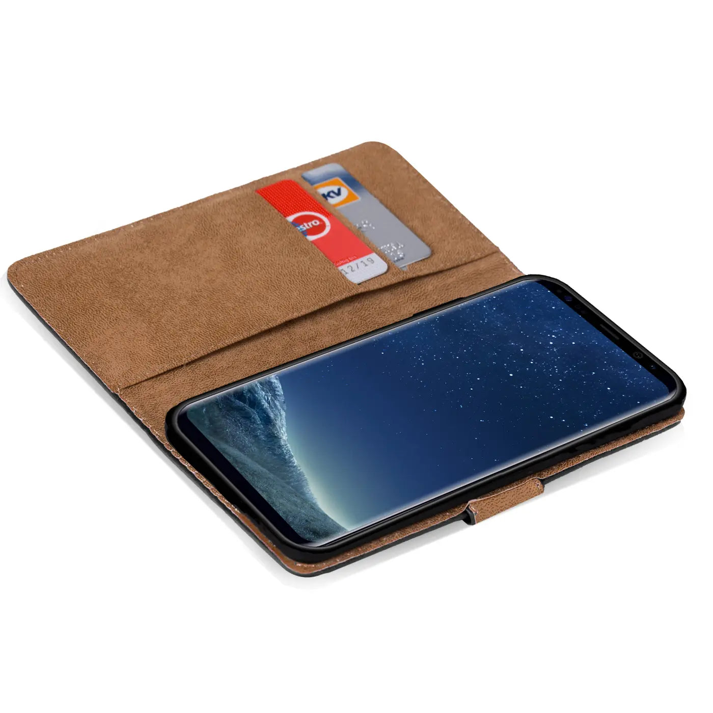 Braune Kunstleder-Klapphülle mit Kartenfächern für Samsung Galaxy S8, von oben gesehen.