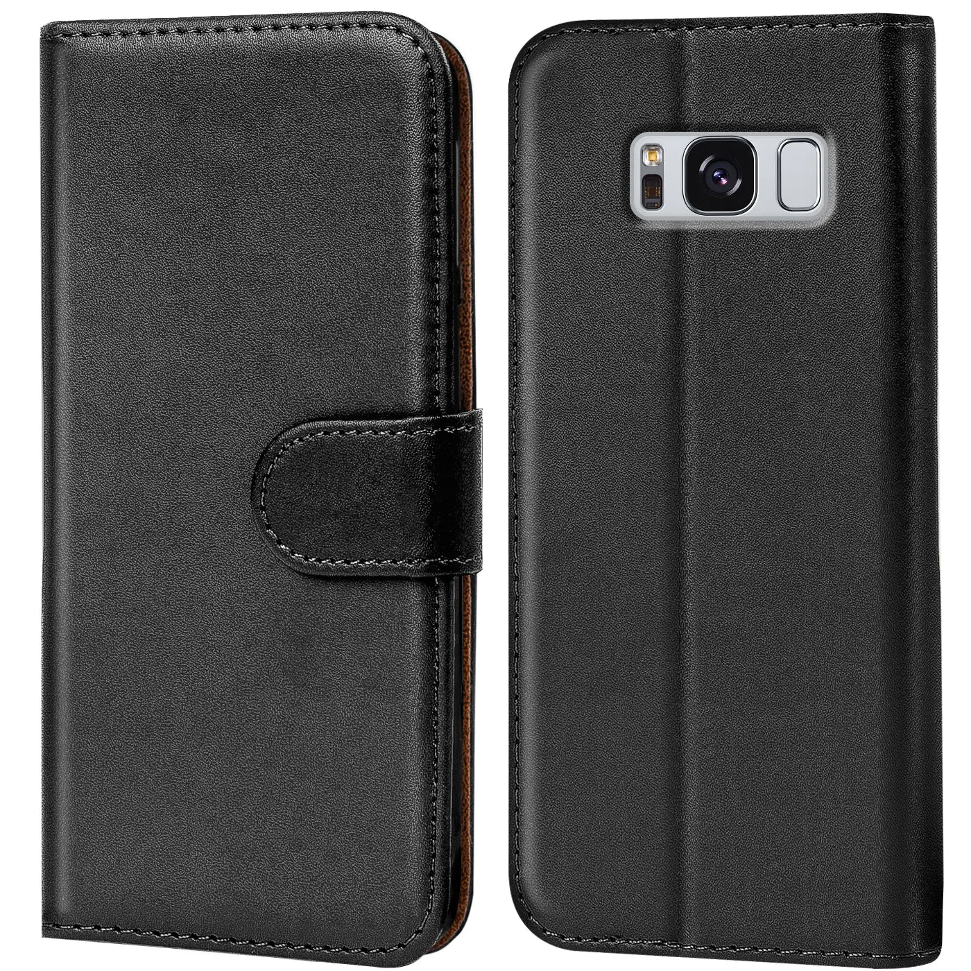 Schwarze Leder-Klapphülle mit Kartenfächern, Vorder- und Rückansicht, Samsung Galaxy S8.
