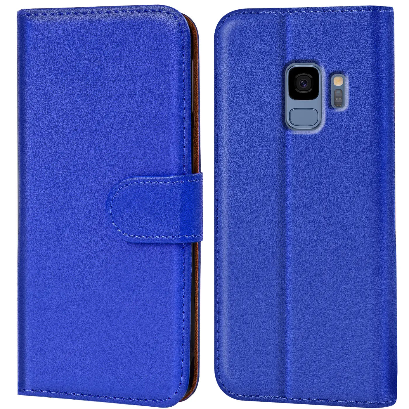 Blaue Kunstleder-Klapphülle mit Kartenfächern, Vorder- und Rückansicht, für Samsung Galaxy S9.