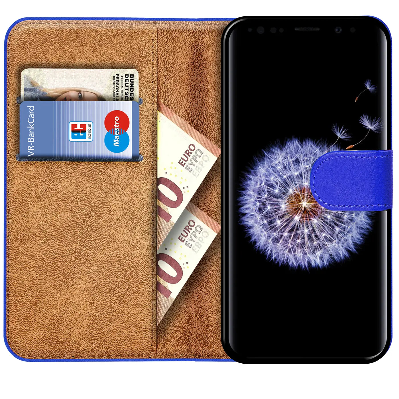 Braune Kunstleder-Klapphülle mit blauen Akzenten, zeigt Samsung S9, Kartenfach, Geldscheine.