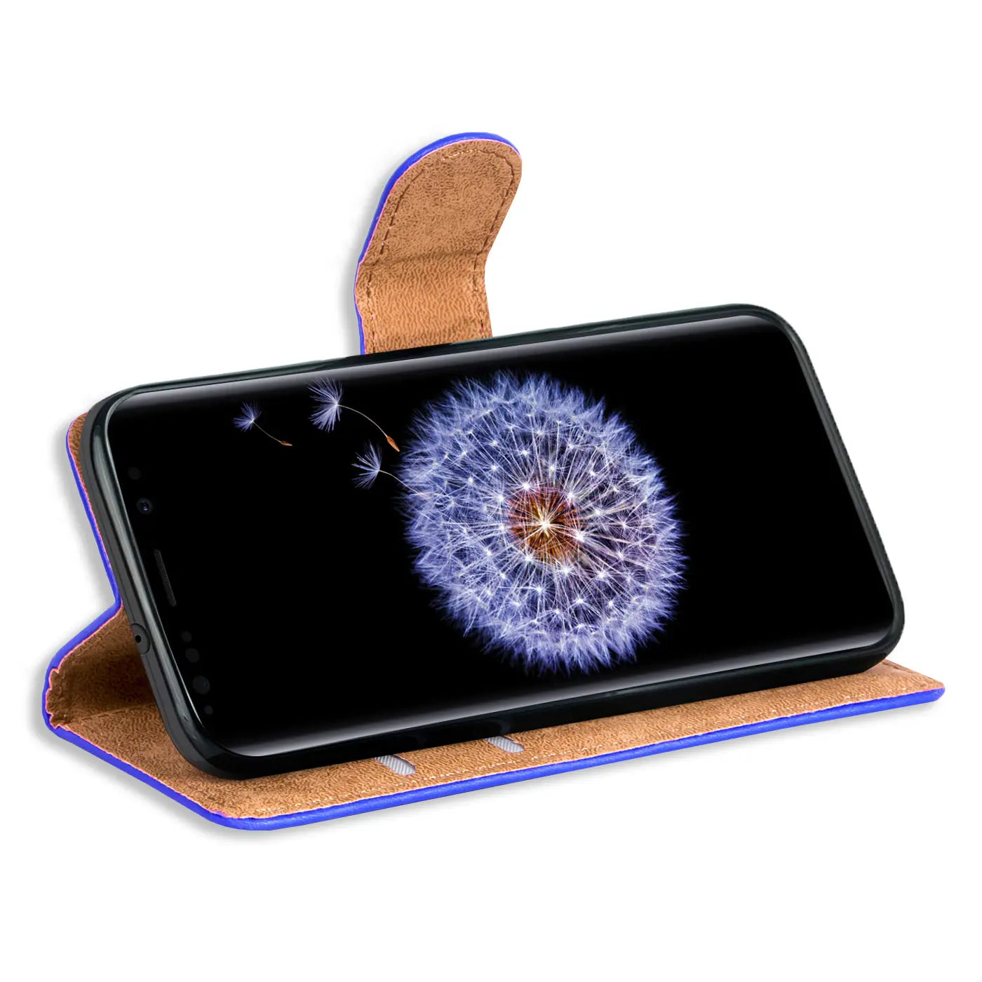 Blaue Klapphülle aus Kunstleder mit braunem Innenfutter, Samsung Galaxy S9, Seitenansicht.