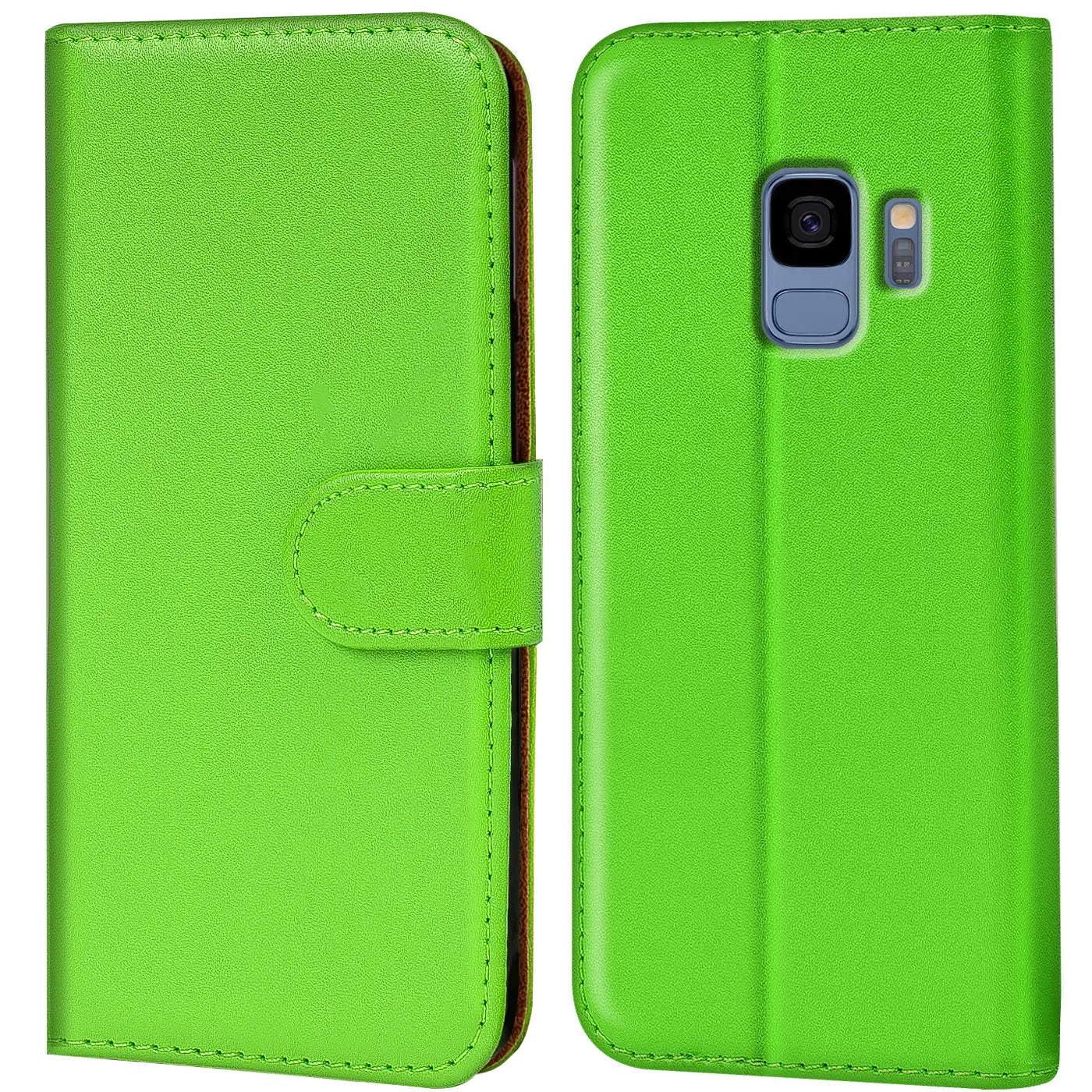 Grüne Klapphülle aus Leder für Samsung Galaxy S9, Vorder- und Rückansicht