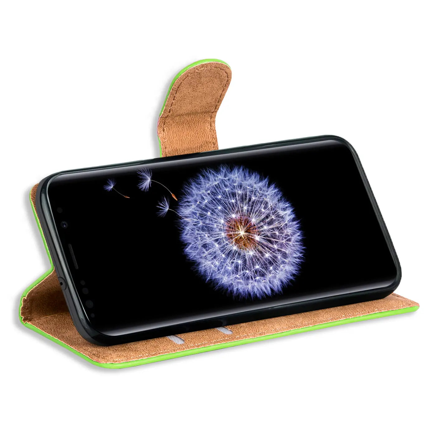 Grüne Kunstleder-Klapphülle mit braunem Innenfutter, zeigt Samsung Galaxy S9 mit Pusteblumen-Hintergrund.