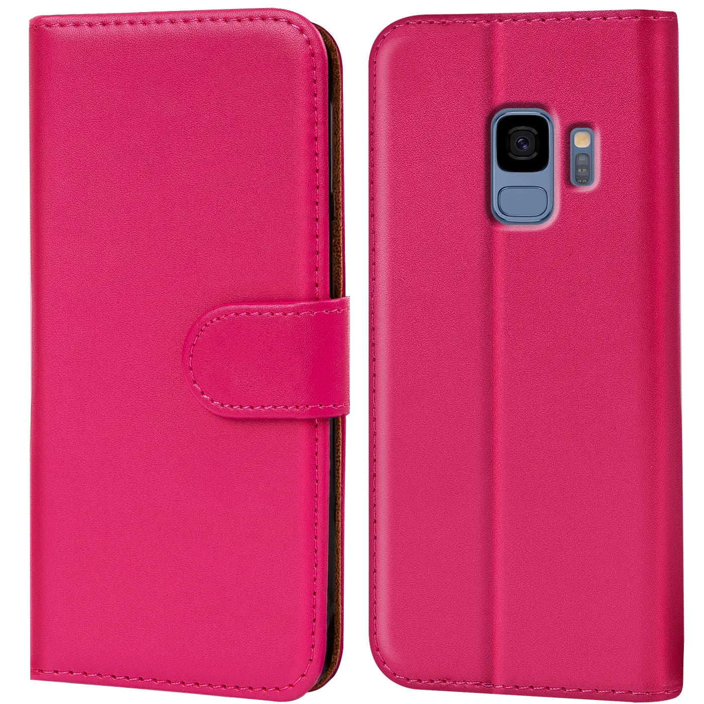 Pink Kunstleder Klapphülle mit Kartenfächern, Vorder- und Rückansicht, Samsung Galaxy S9.