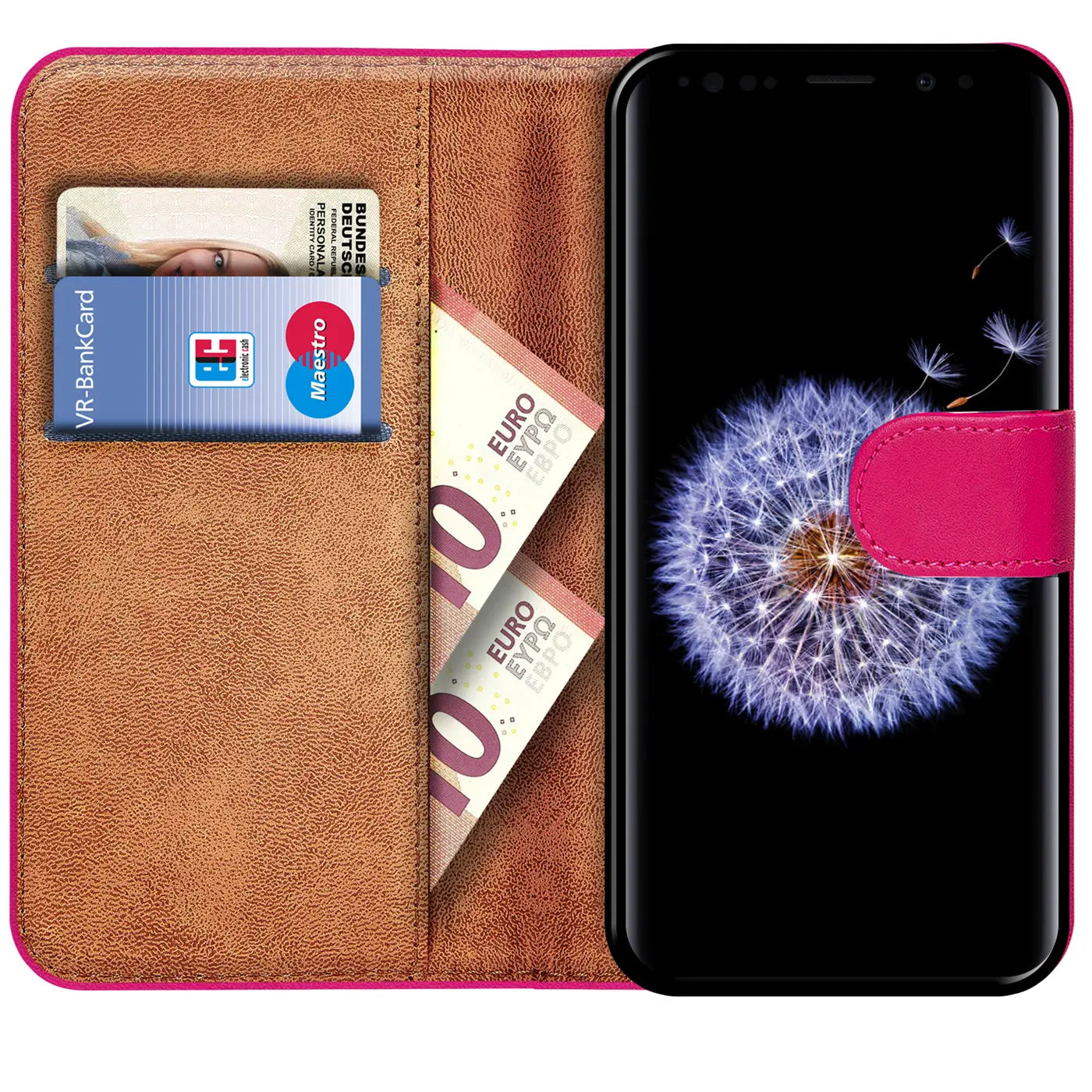 Pink Klapphülle aus Leder mit Kartenfächern, zeigt Samsung S9.