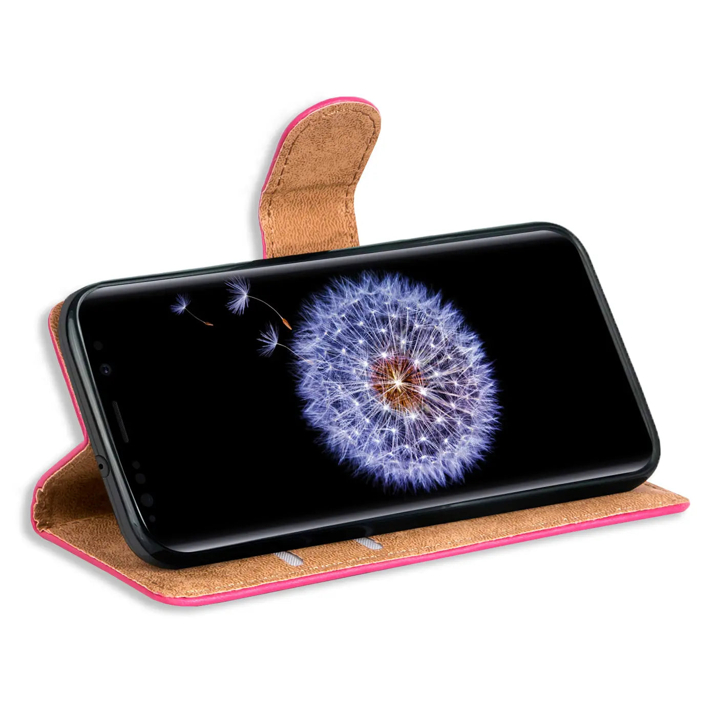 Rosa Klapphülle aus Kunstleder mit Kartenfächern für Samsung Galaxy S9, von vorne schräg