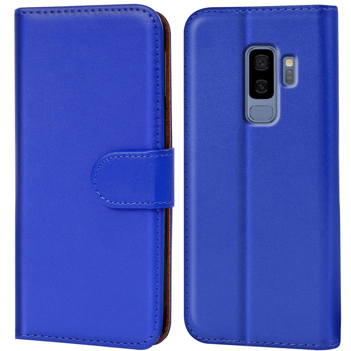 Blaue Kunstleder-Klapphülle mit Kartenfächern, Vorder- und Rückansicht, für Samsung Galaxy S9 Plus.