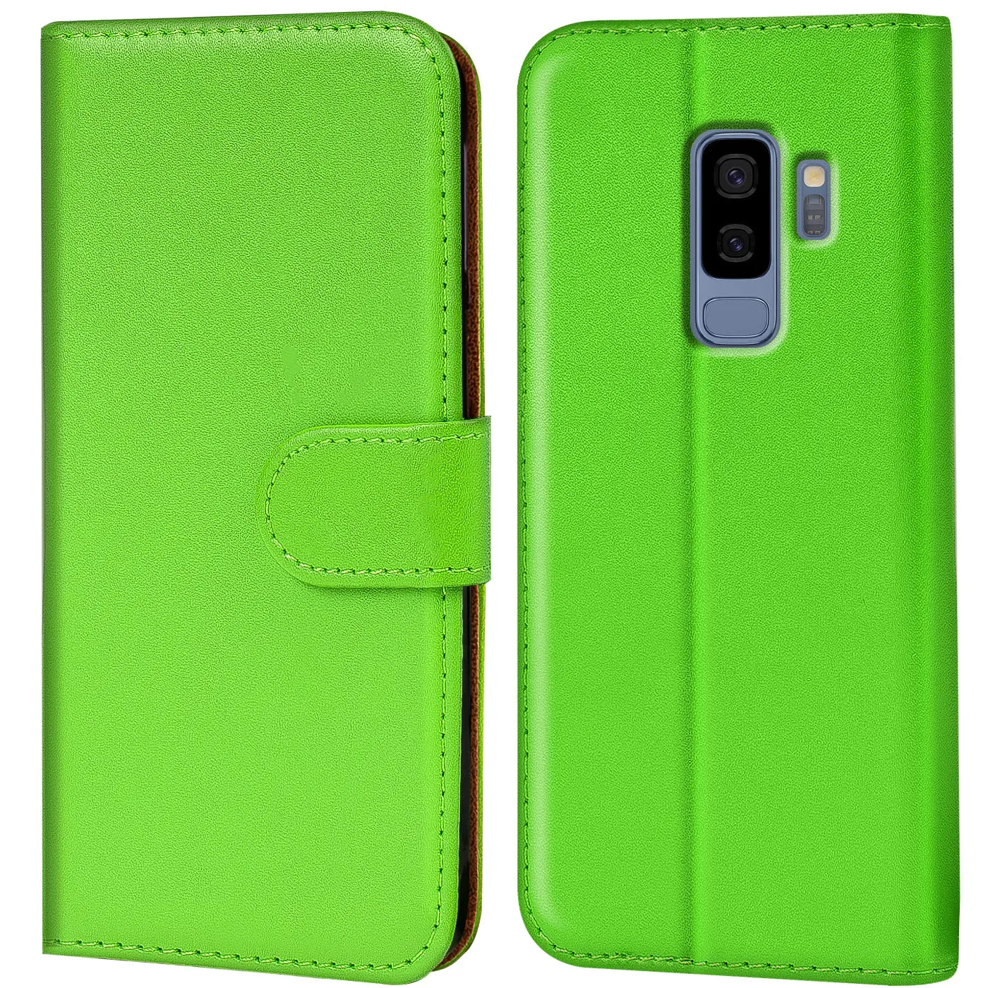 Grüne Leder-Klapphülle mit Kartenfächern, Vorder- und Rückansicht, für Samsung Galaxy S9 Plus.