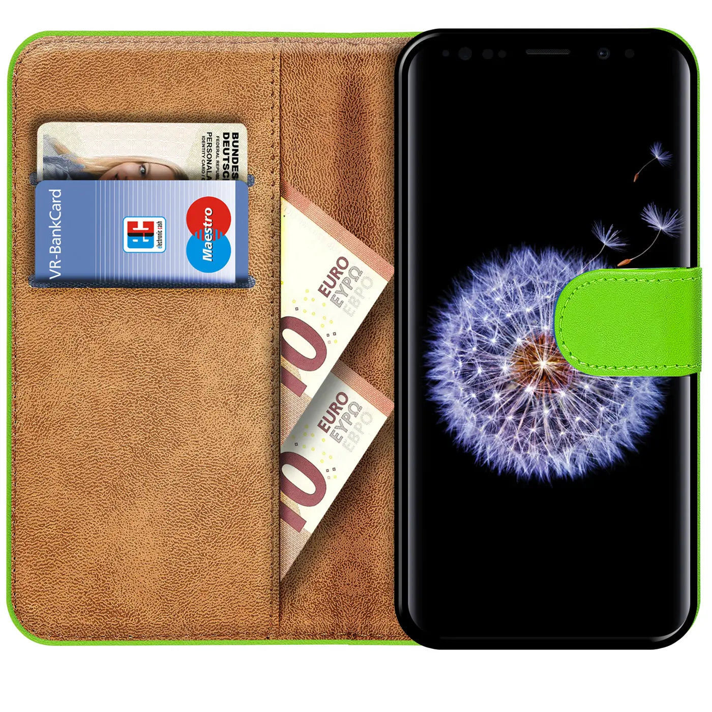 Grüne Klapphülle aus Leder mit Kartenfächern, zeigt Samsung S9 Plus mit Pusteblume.