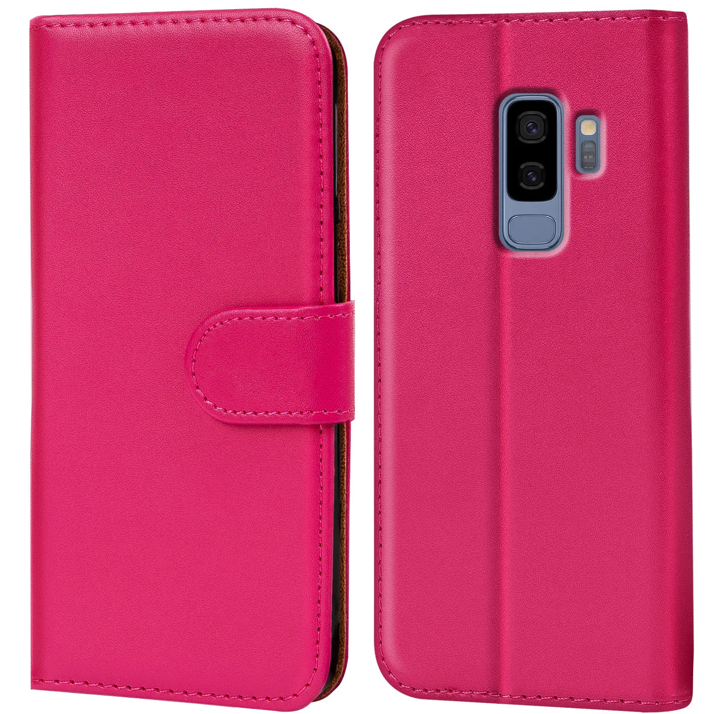 Pink Kunstleder Klapphülle mit Kartenfächern, Vorder- und Rückansicht, Samsung Galaxy S9 Plus.