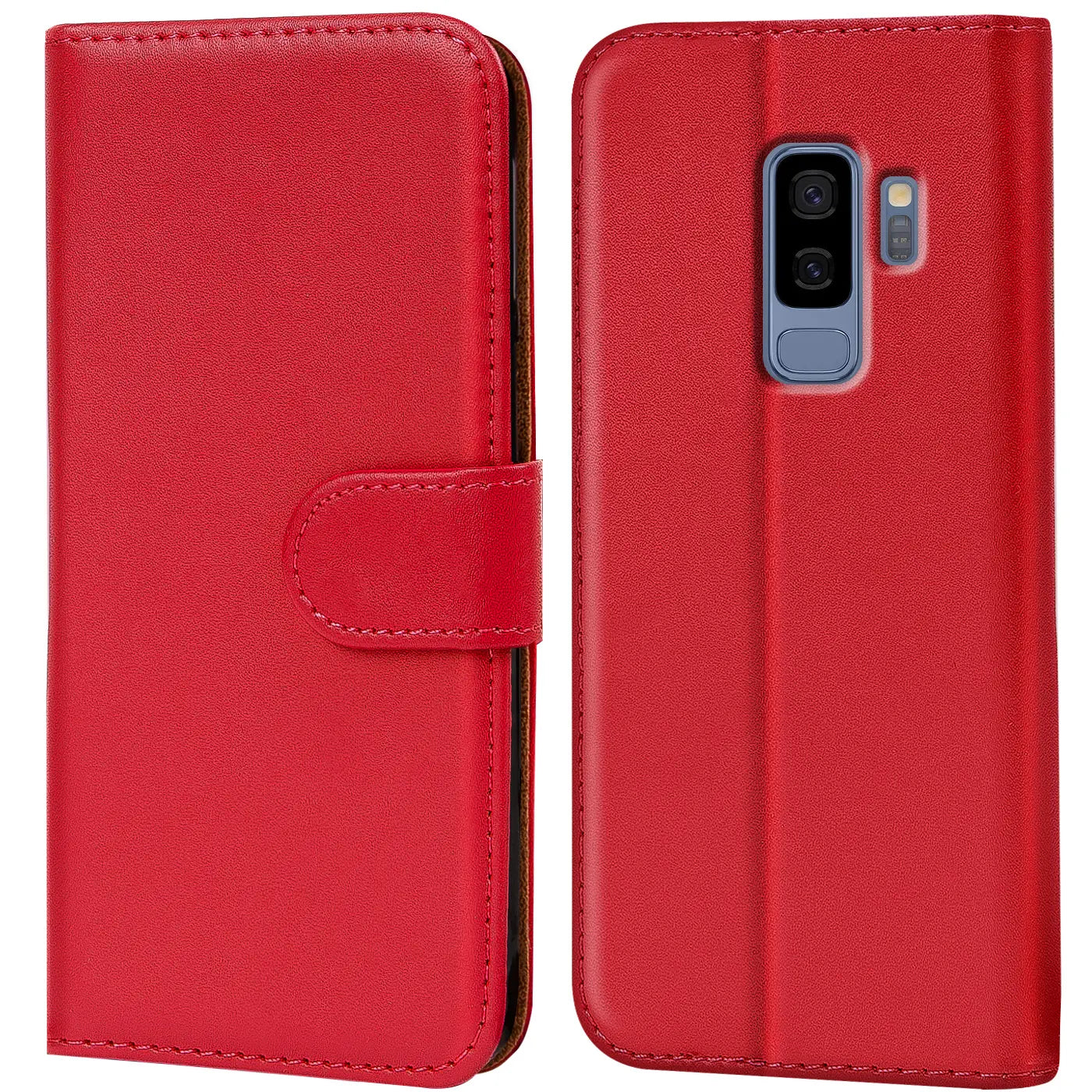 Rote Leder-Klapphülle mit Kartenfächern, Vorder- und Rückseite, Samsung Galaxy S9 Plus