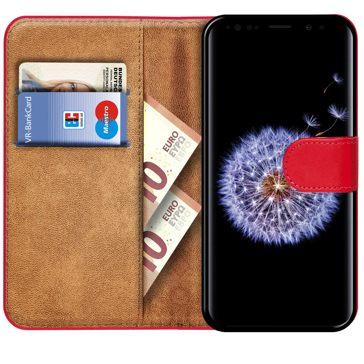 Rote Klapphülle aus Leder mit Kartenfächern, zeigt Samsung S9 Plus, Vorderansicht