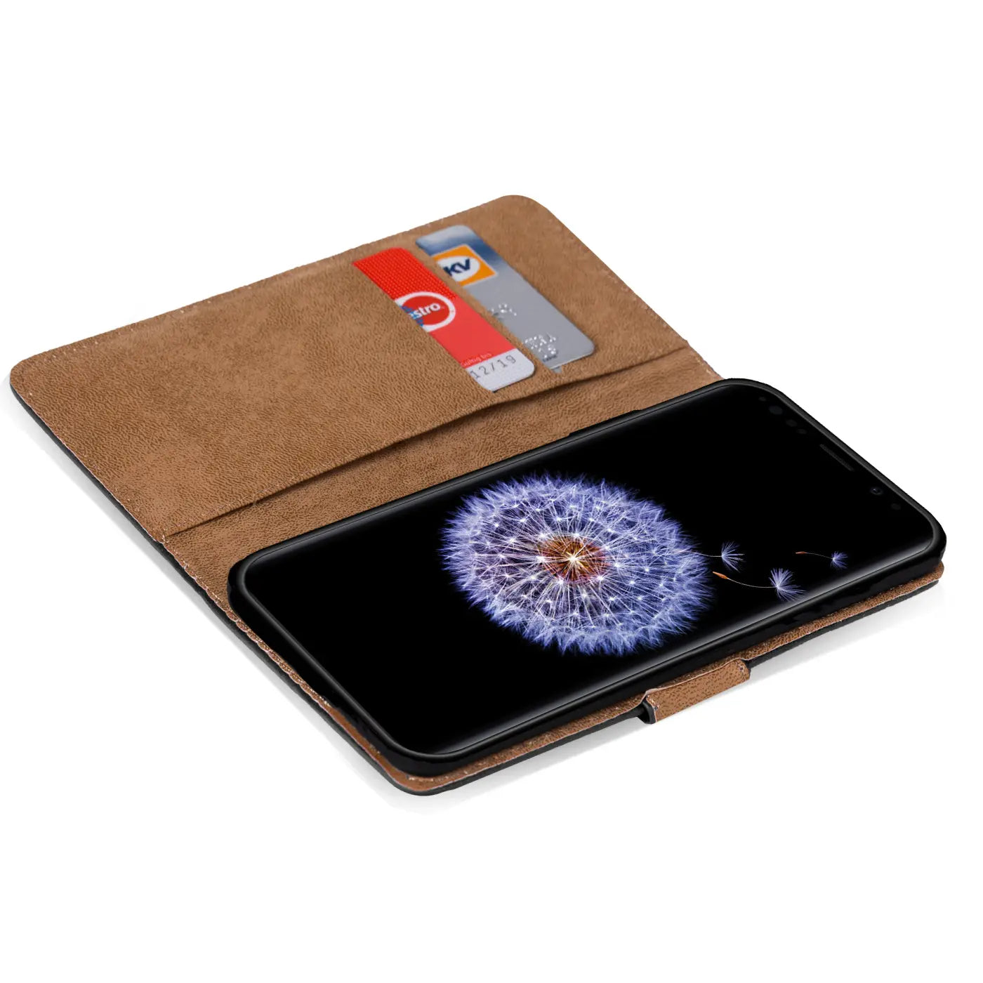 Braune Kunstleder-Klapphülle mit Kartenfächern, Samsung Galaxy S9 Plus, von oben