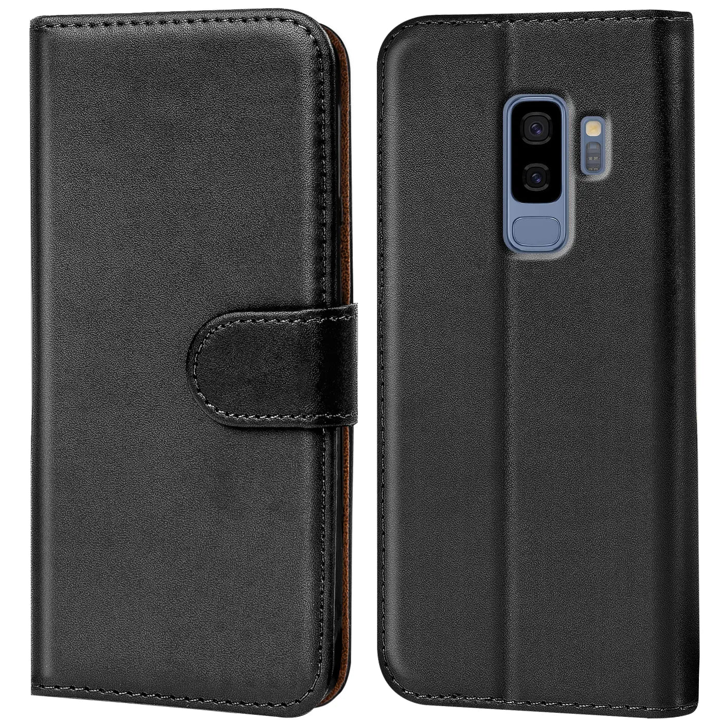 Schwarze Leder-Klapphülle mit Kartenfächern für Samsung Galaxy S9 Plus, Vorder- und Rückansicht.