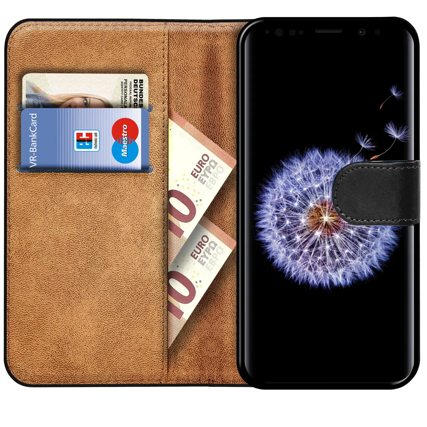 Braune Kunstleder-Klapphülle mit Kartenfächern und Geldscheinen, zeigt Samsung Galaxy S9 Plus.