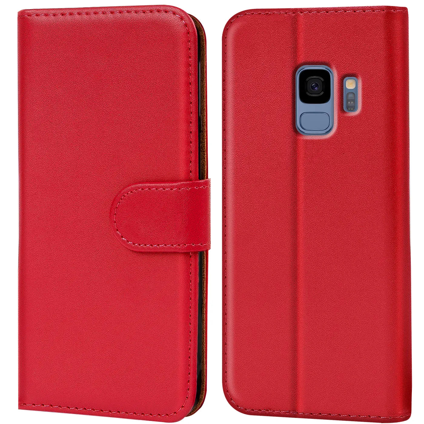 Rote Kunstleder-Klapphülle mit Kartenfächern, Vorder- und Rückansicht, für Samsung Galaxy S9.