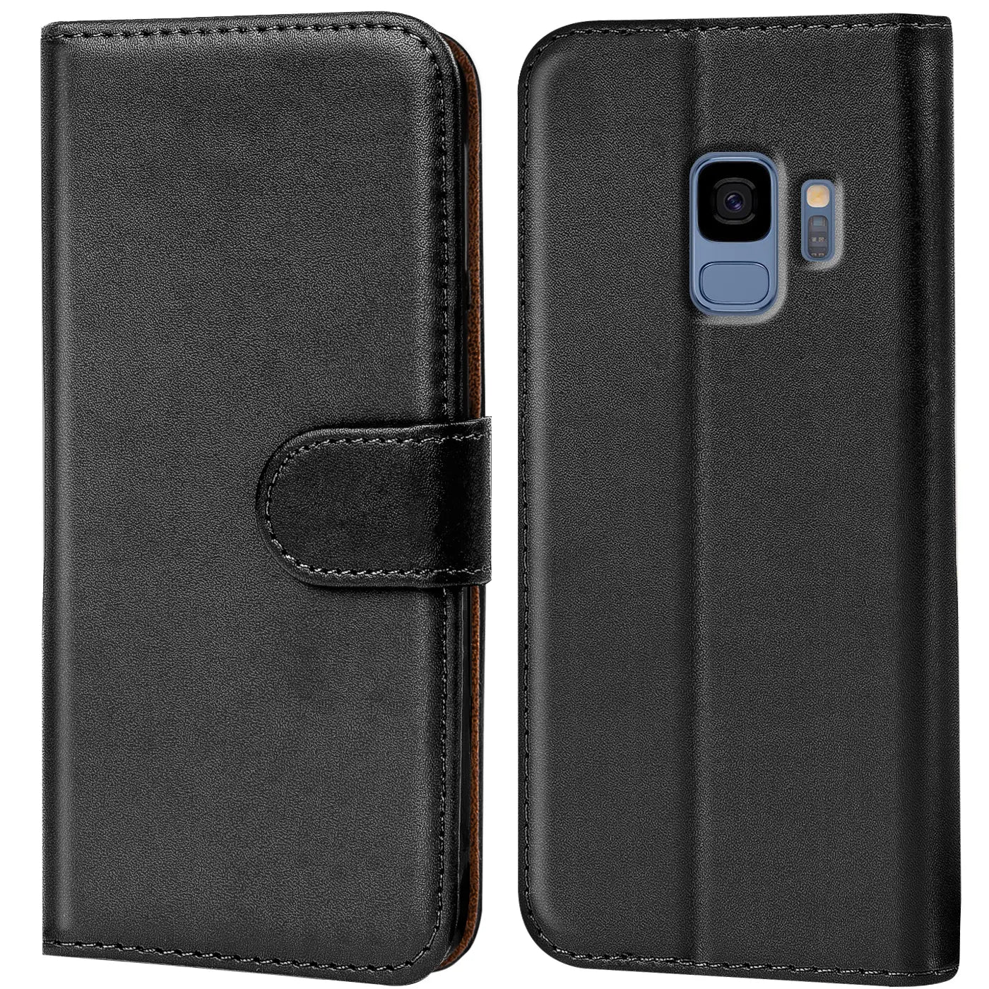 Schwarze Leder-Klapphülle mit Kartenfächern, Vorder- und Rückansicht, Samsung Galaxy S9