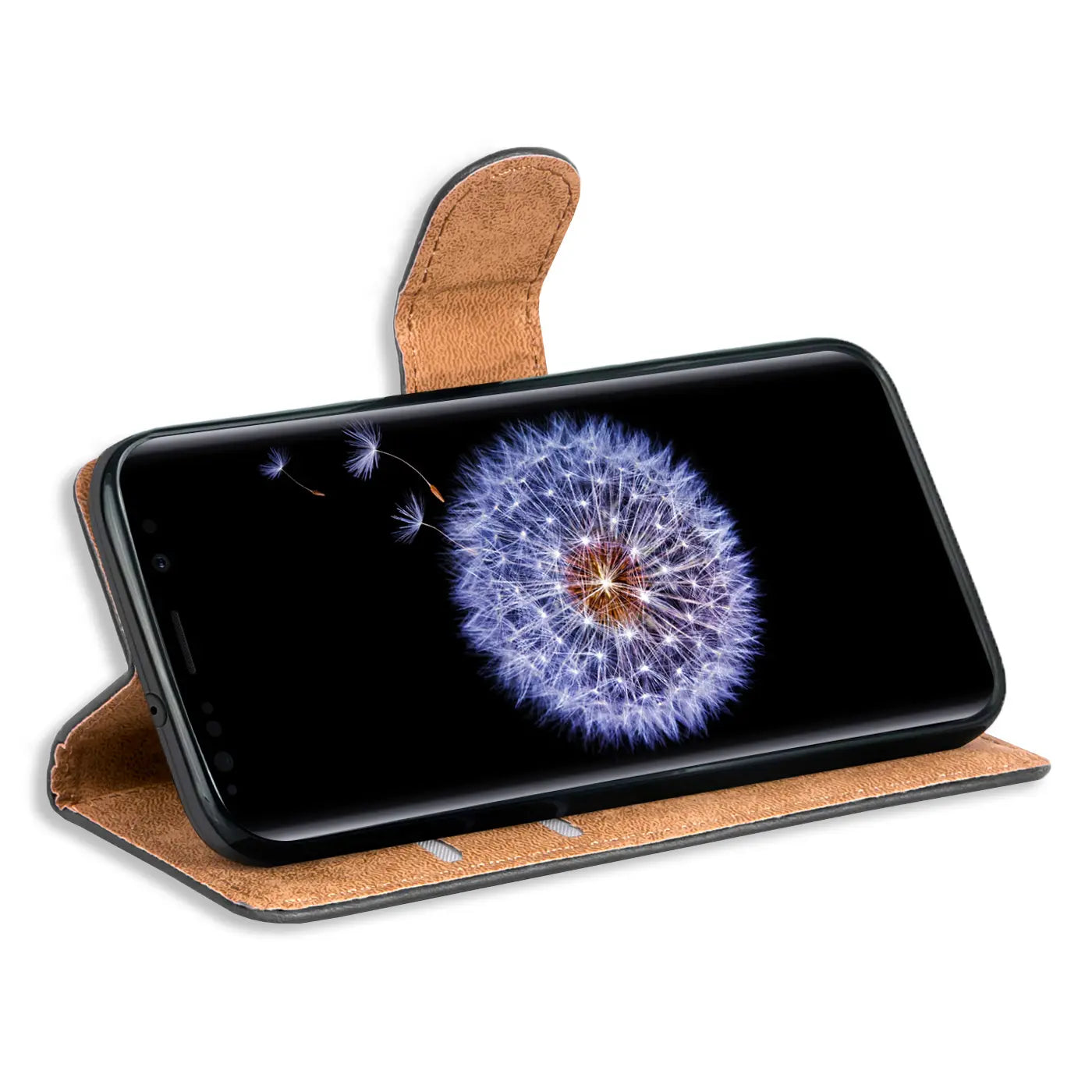 Braune Kunstleder-Klapphülle mit Kartenfächern für Samsung Galaxy S9, Seitenansicht.