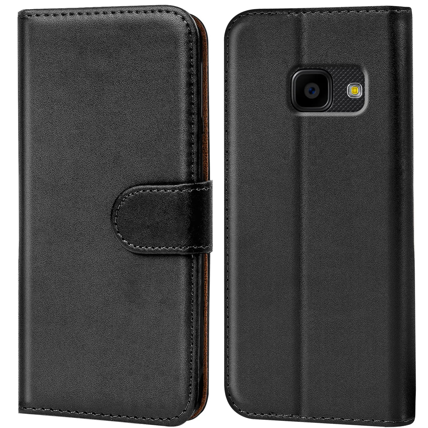 Schwarze Leder-Klapphülle für Samsung Xcover 4, Vorder- und Rückansicht.
