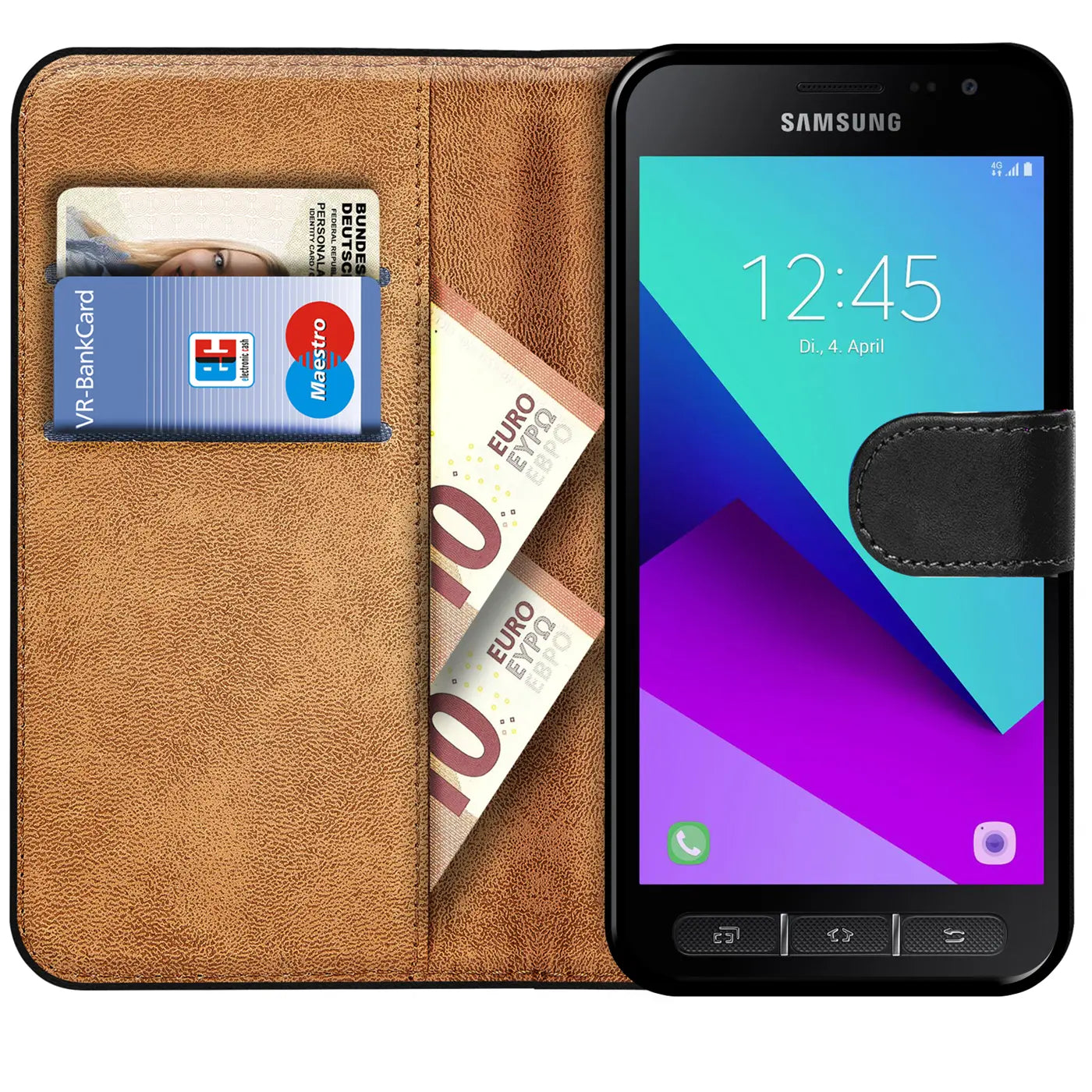Braune Kunstleder-Klapphülle mit Kartenfächern und Samsung Galaxy Xcover 4.