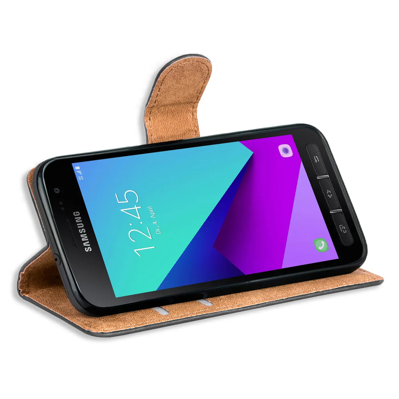 Braune Kunstleder-Klapphülle mit Kartenfächern, Samsung Galaxy Xcover 4, Seitenansicht.