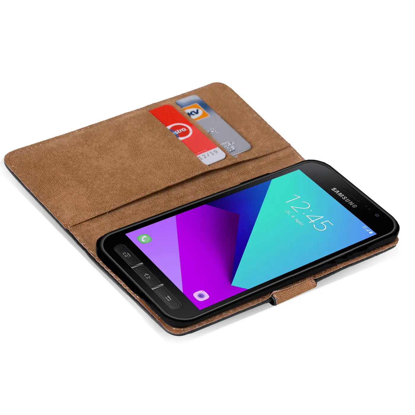 Braune Kunstleder-Klapphülle mit Kartenfächern, zeigt Samsung Galaxy Xcover 4, von oben.