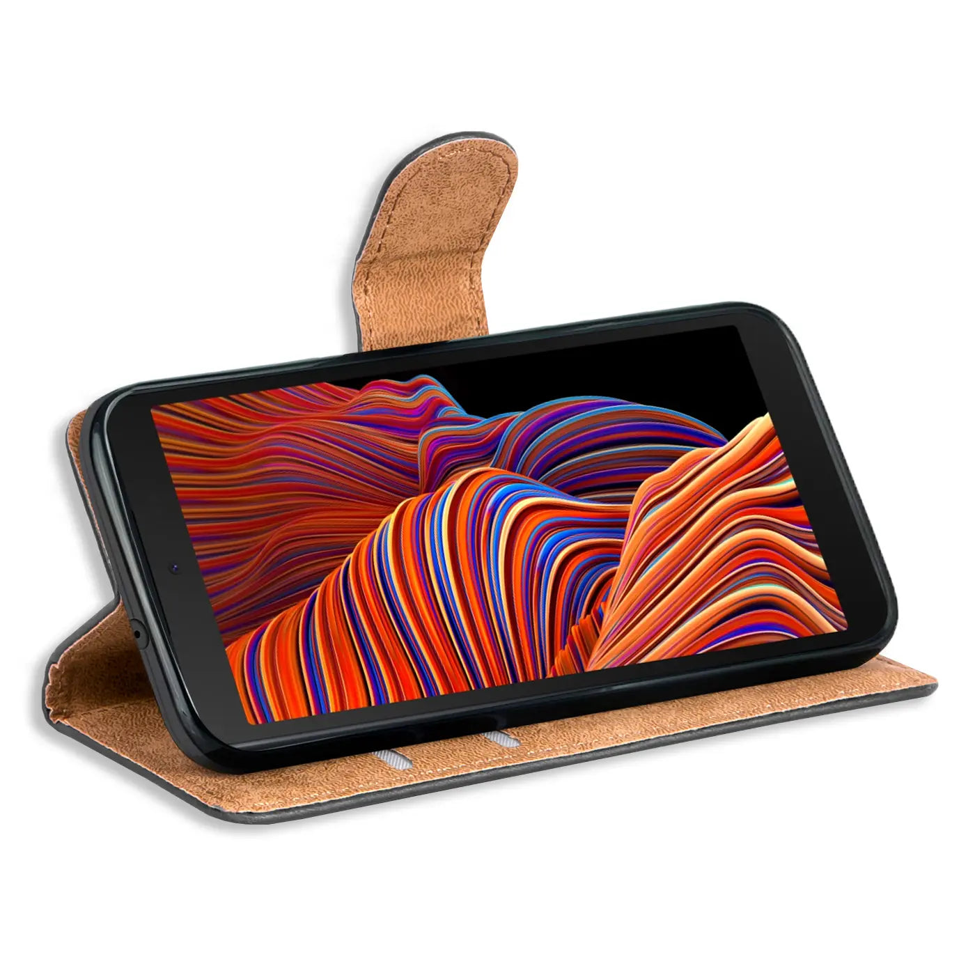 Braune Leder-Klapphülle mit Kartenfächern, zeigt Samsung Galaxy XCover 5.