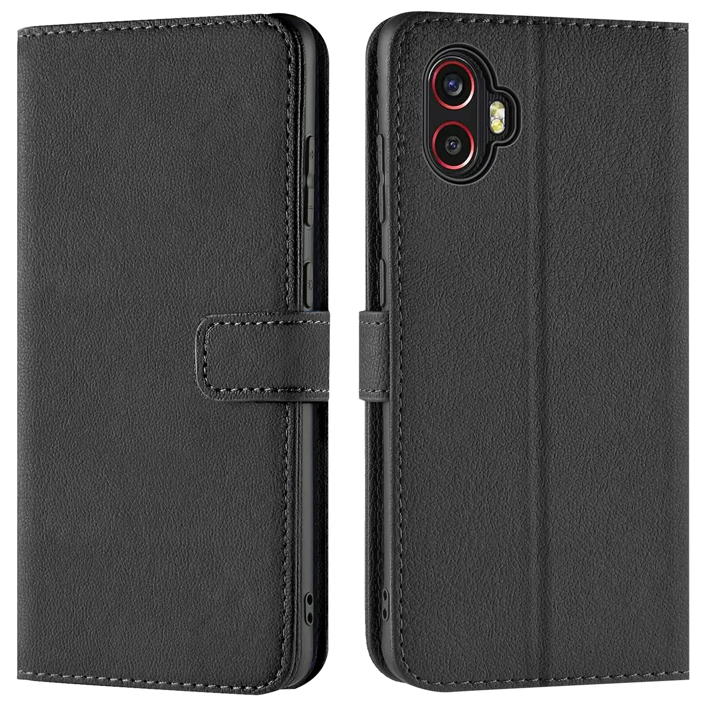 Schwarze Leder-Klapphülle mit Kartenfächern, Vorder- und Rückansicht, für Samsung Galaxy XCover 6 Pro.