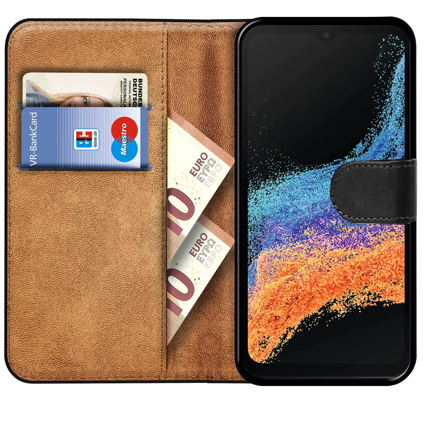 Braune Kunstleder-Klapphülle mit Kartenfächern, zeigt Samsung Galaxy XCover 6 Pro.