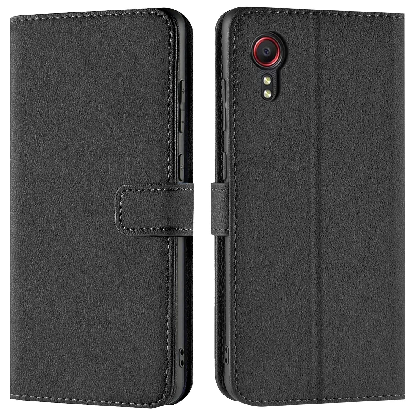Schwarze Kunstleder-Klapphülle mit Kartenfächern, Vorder- und Rückansicht, für Samsung Galaxy XCover 7.