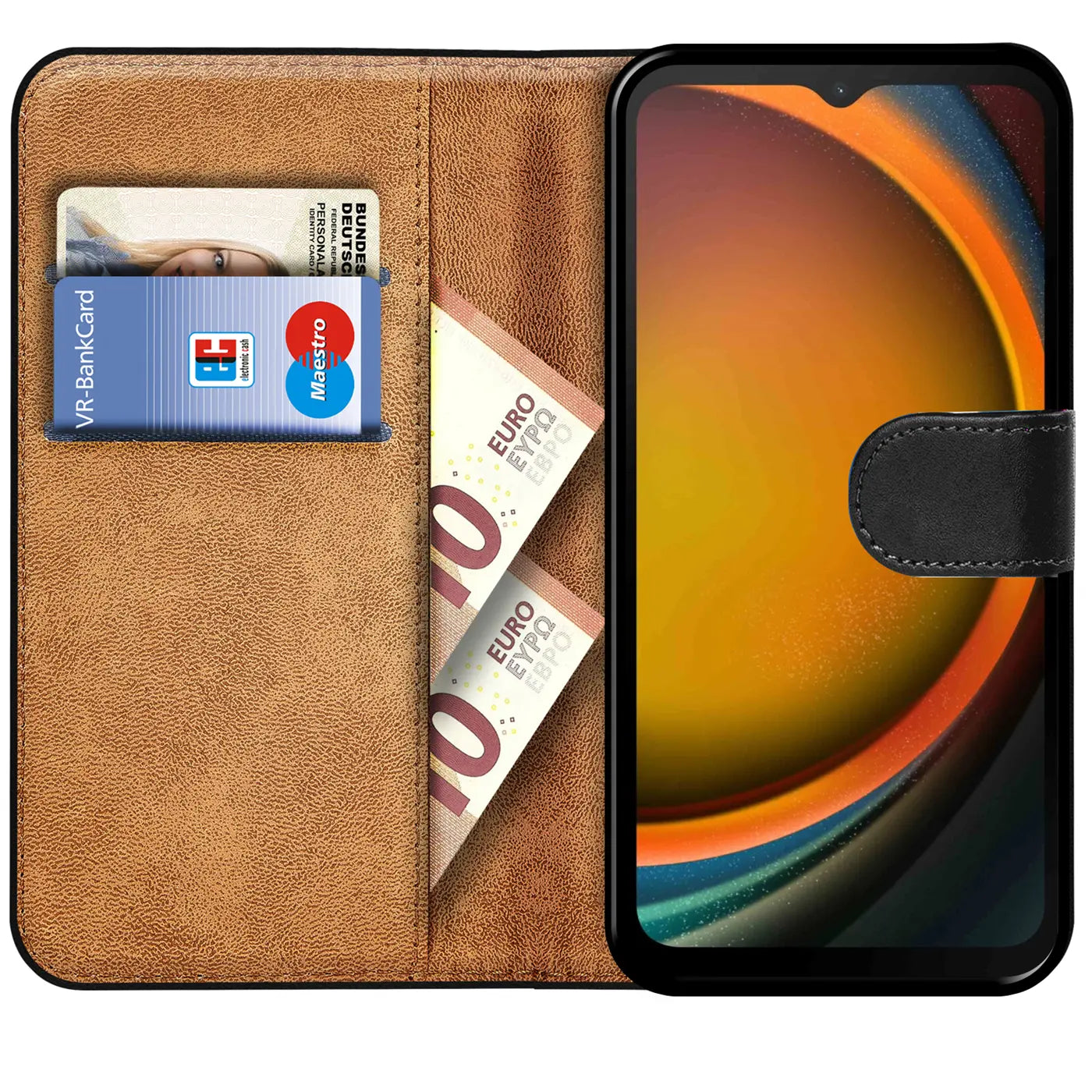 Braune Kunstleder-Klapphülle mit Kartenfächern und Banknoten, zeigt Samsung Galaxy XCover 7.