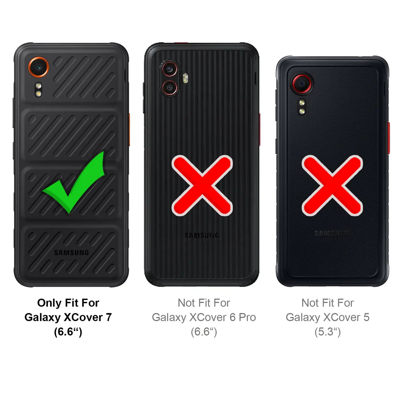 Schwarze Handyhülle, Rückseite, Samsung Galaxy XCover 7, mit Häkchen.