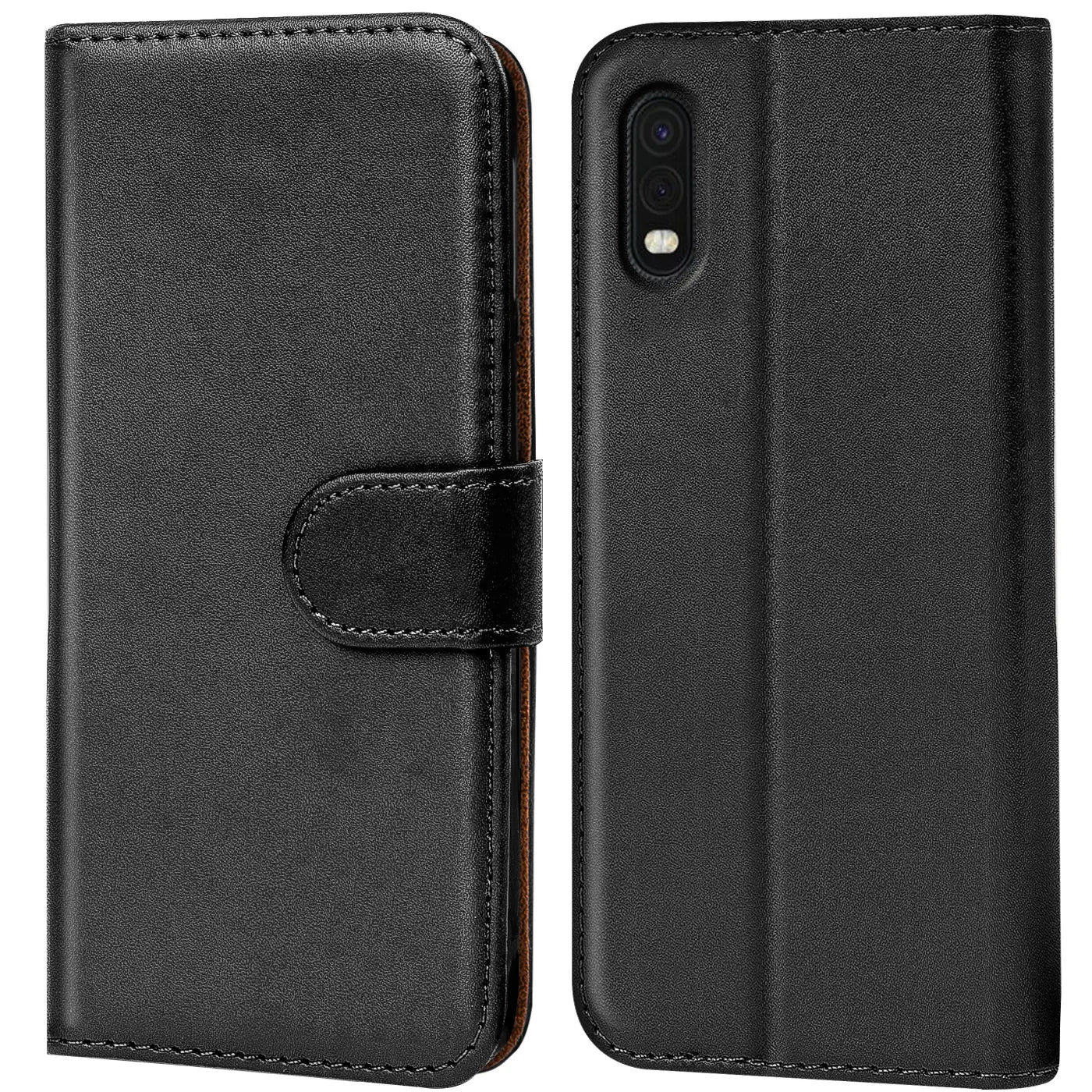 Schwarze Leder-Klapphülle mit Kartenfächern, Vorder- und Rückansicht, für Samsung Galaxy Xcover Pro.
