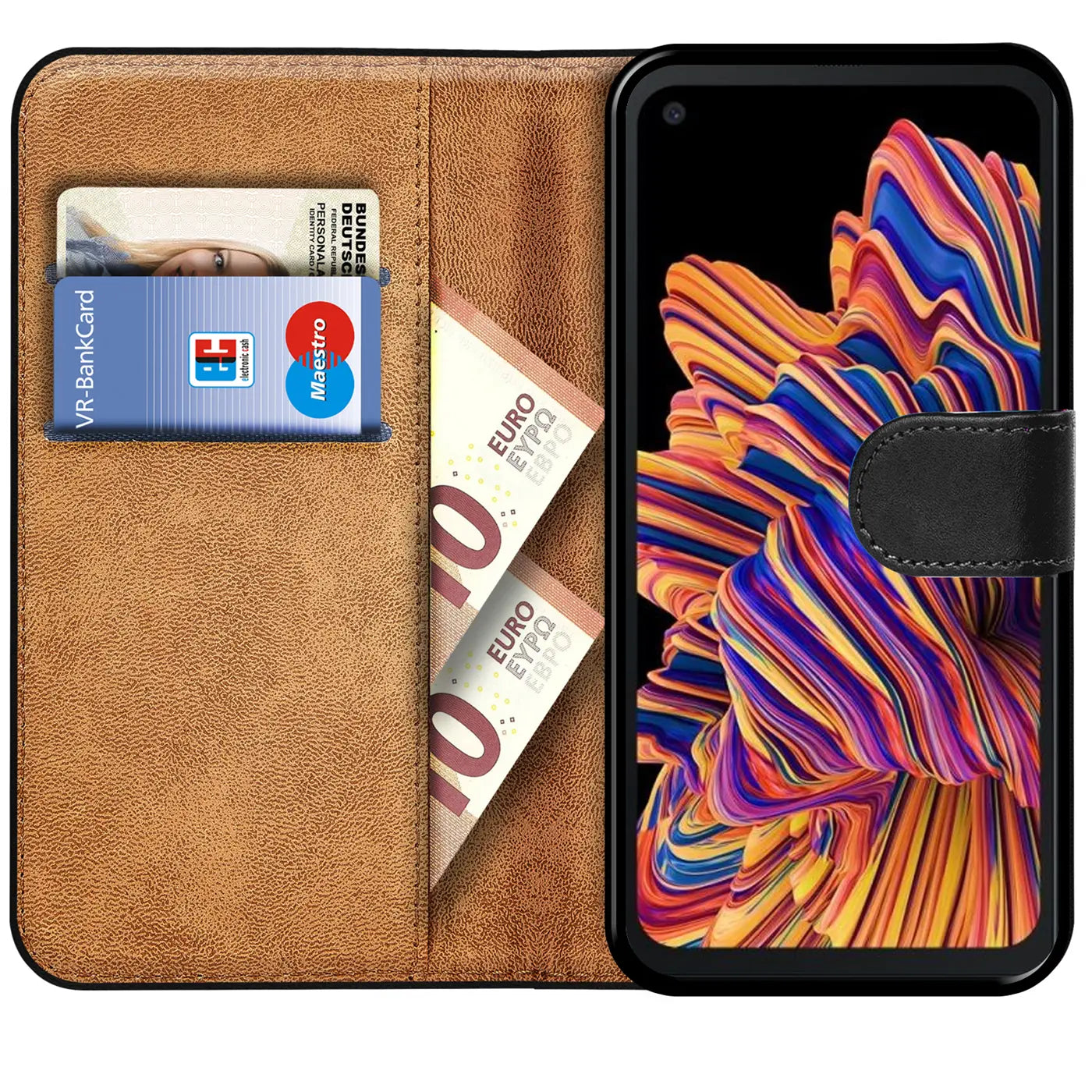 Braune Kunstleder-Klapphülle mit Kartenfächern und Geldscheinfach, zeigt Samsung Galaxy Xcover Pro.