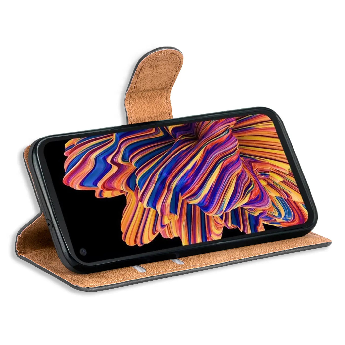 Braune Leder-Klapphülle mit Kartenfächern für Samsung Galaxy Xcover Pro, Seitenansicht.