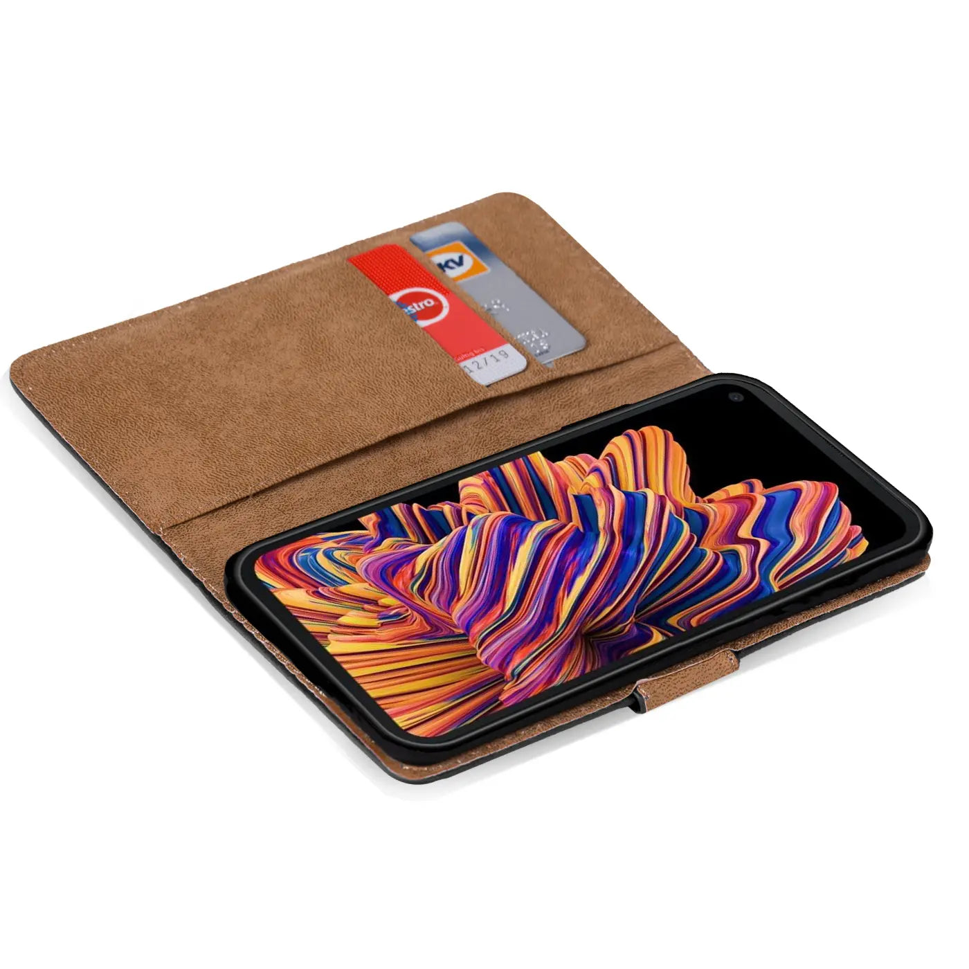 Braune Kunstleder-Klapphülle mit Kartenfächern, Samsung Galaxy Xcover Pro, von oben schräg.