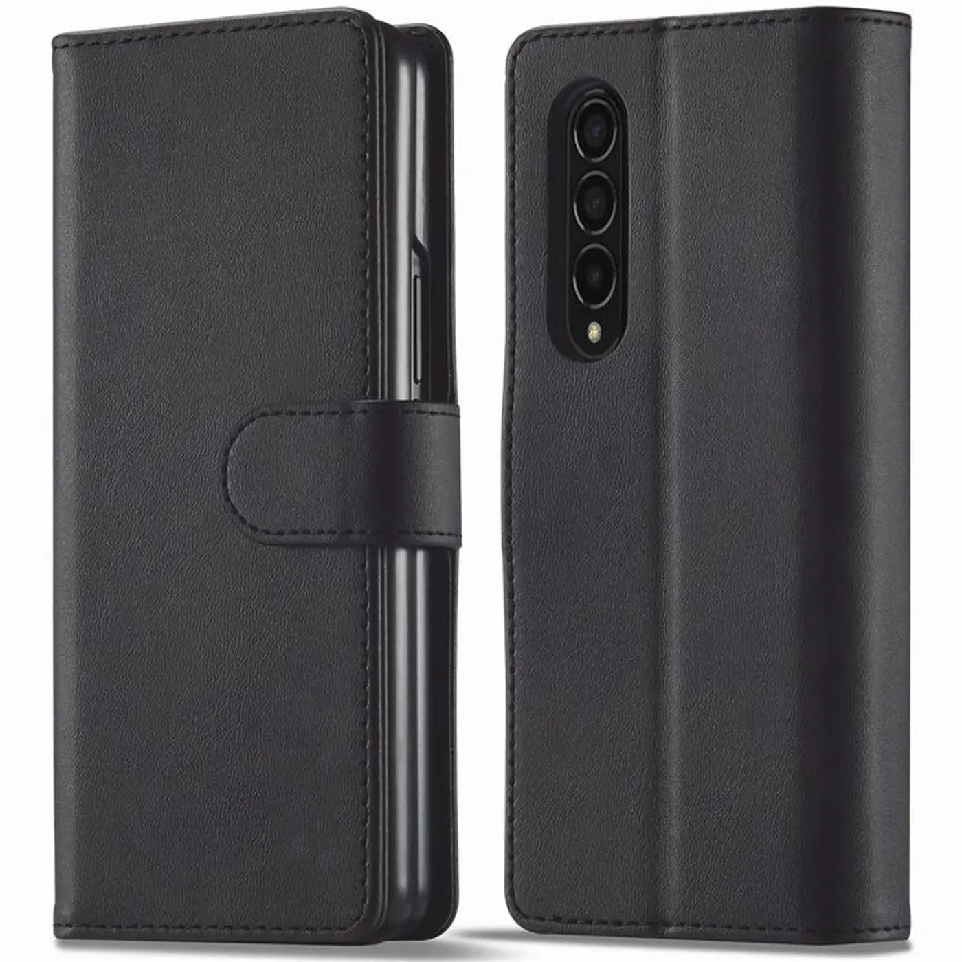 Schwarze Lederhülle mit Kartenfächern für Samsung Galaxy Z Fold 3, Vorder- und Rückansicht.