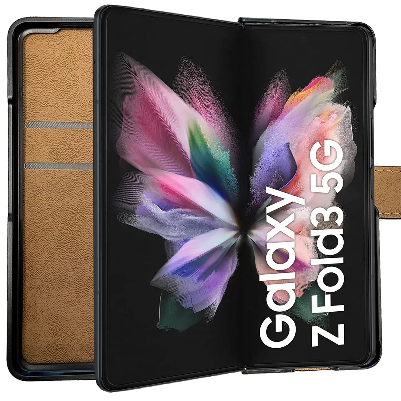 Braune Leder-Klapphülle mit Kartenfächern für Samsung Galaxy Z Fold 3, von vorne.