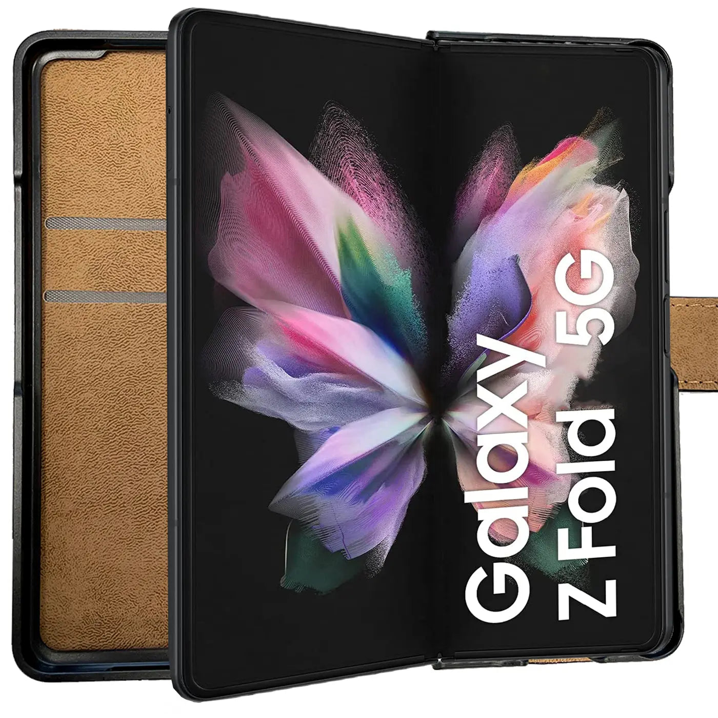 Schwarze Klapphülle aus Leder mit Kartenfächern für Samsung Galaxy Z Fold 4, von vorne
