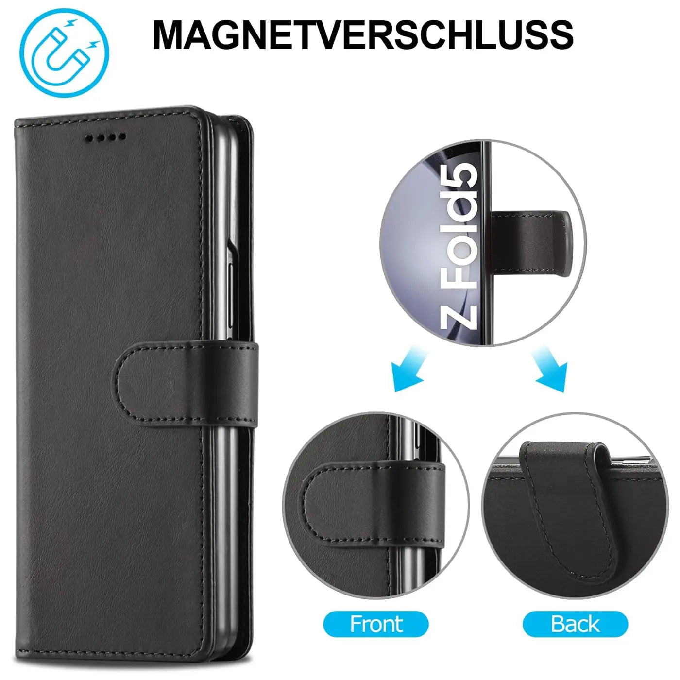 Schwarze Leder-Klapphülle mit Magnetverschluss für Samsung Galaxy Z Fold 5, von vorne und Seite gezeigt.