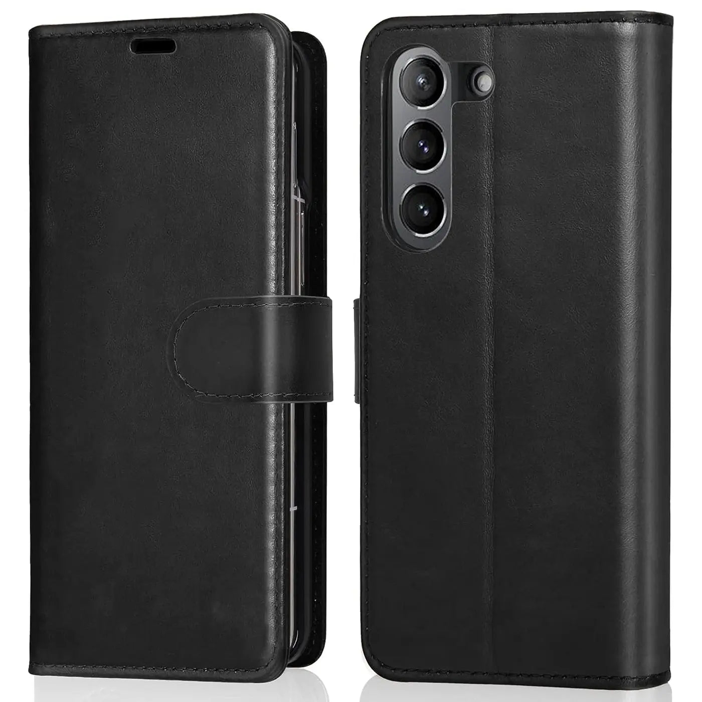 Schwarze Leder-Klapphülle mit Kartenfächern, Vorder- und Rückansicht, für Samsung Galaxy Z Fold 6.