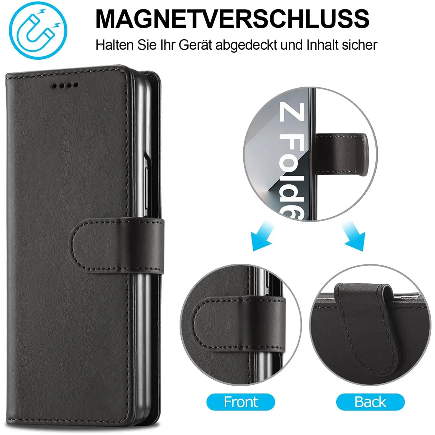 Schwarze Leder-Klapphülle für Samsung Galaxy Z Fold 6, Vorder- und Rückansicht.