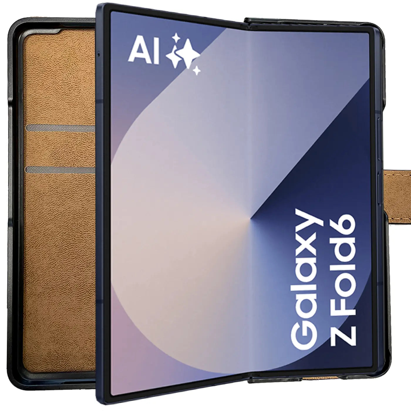 Dunkelblaue Klapphülle aus Leder für Samsung Galaxy Z Fold6 mit Kartenfächern, von vorne