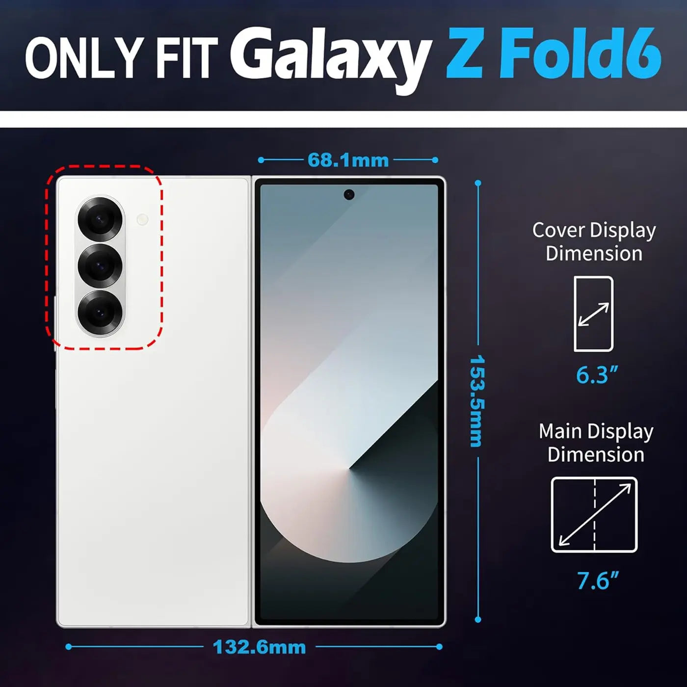 Weißes Samsung Galaxy Z Fold 6, Rückseite mit Kamera, Vorderseite mit Display, Maße.