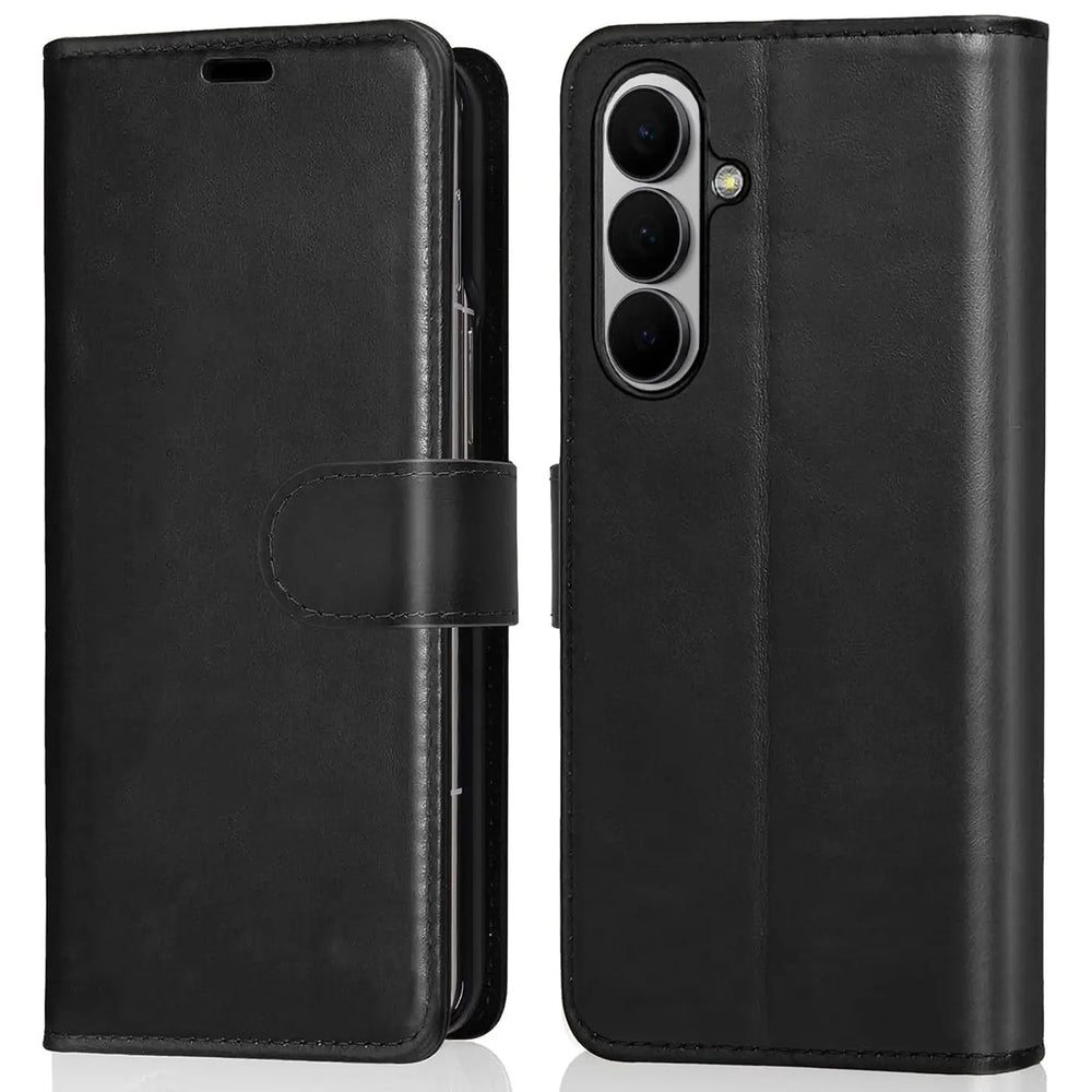 Schwarze Leder-Klapphülle mit Kartenfächern, Vorder- und Rückansicht, für Samsung Galaxy Z Fold 7.