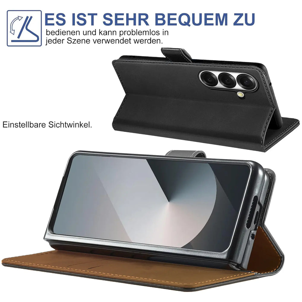 Schwarze Lederhülle mit braunem Innenleben, Samsung Galaxy Z Fold 4, von vorne und hinten