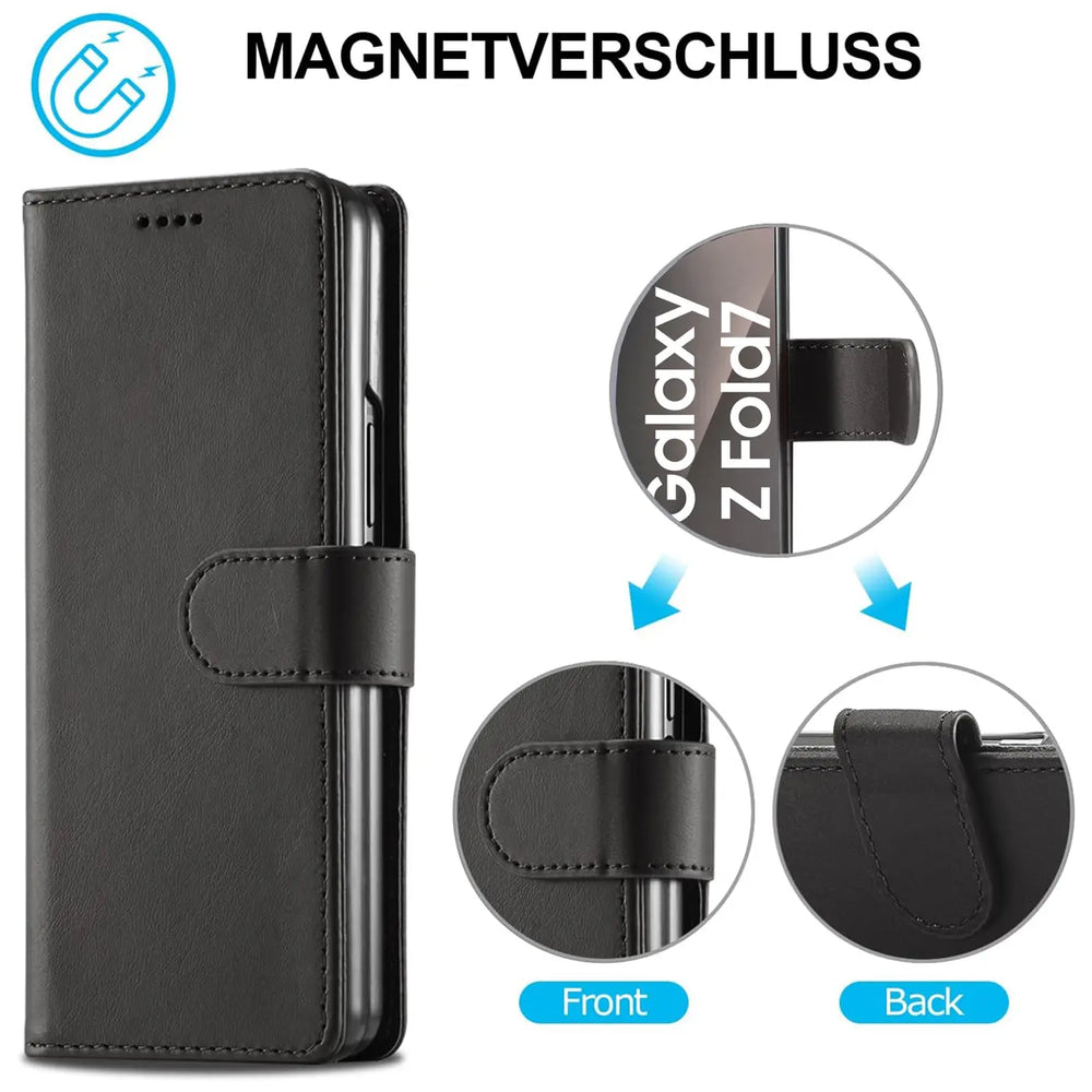 Schwarze Leder-Klapphülle für Samsung Galaxy Z Fold 7, Vorderansicht.